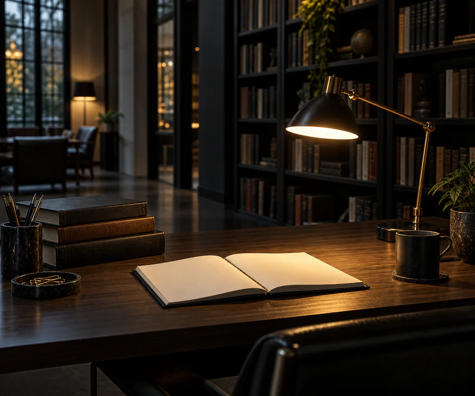 Biblioteca de noche, con un flexo encendido sobre una mesa de madera, un libro abierto y estanterías de libros al fondo.
