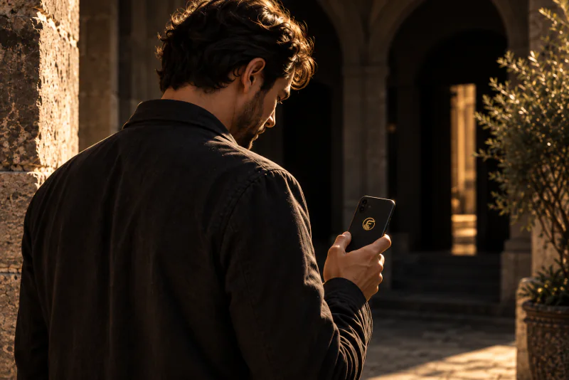 Persona consultando un smartphone con el emblema FINOVEX en un patio de piedra, en una escena editorial de búsqueda de orientación.