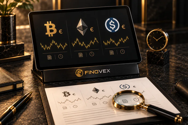 Tablet FINOVEX con símbolos de Bitcoin, Ethereum y USDC asociados al euro, junto a una hoja de consulta, una lupa y un reloj, en una ilustración editorial sobre datos de mercado.