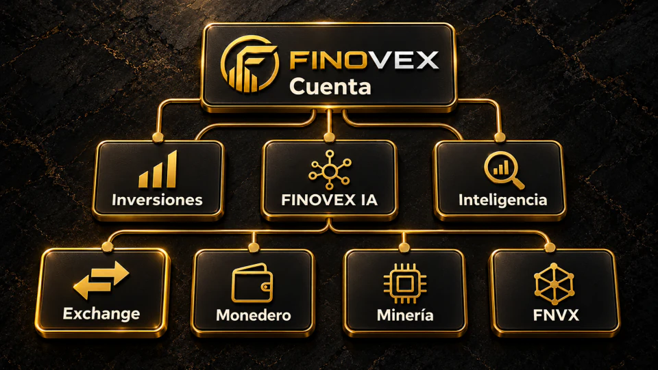 Ilustración editorial: la cuenta FINOVEX en el centro, conectada con inversiones, FINOVEX IA, FINOVEX Intelligence, FINOVEX Exchange, monedero, minería y FINOVEX Token (FNVX).