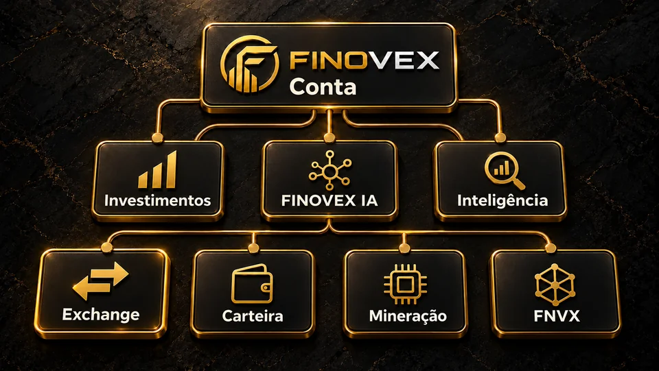 Ilustração editorial: a conta FINOVEX ao centro, ligada a investimentos, FINOVEX IA, FINOVEX Intelligence, FINOVEX Exchange, carteira, mineração e FINOVEX Token (FNVX).