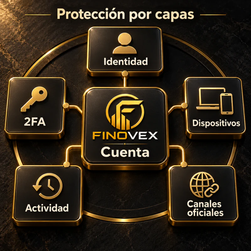 Ilustración de la cuenta FINOVEX conectada con identidad, 2FA, dispositivos, actividad y canales oficiales.