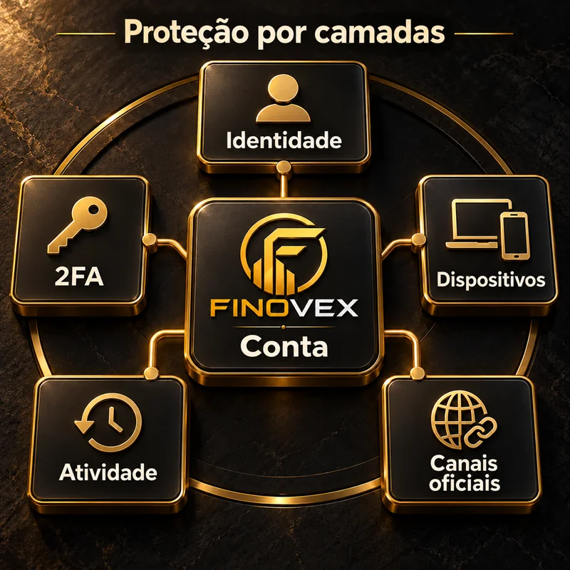 Ilustração com a conta FINOVEX ligada a identidade, 2FA, dispositivos, atividade e canais oficiais.