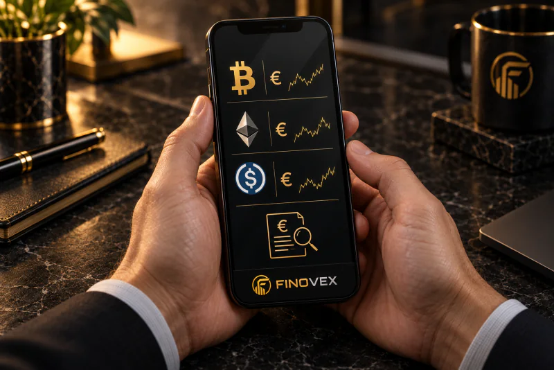 Manos sosteniendo un smartphone FINOVEX con símbolos de Bitcoin, Ethereum y USDC asociados al euro y un icono de documento con euro y lupa, en una ilustración editorial.